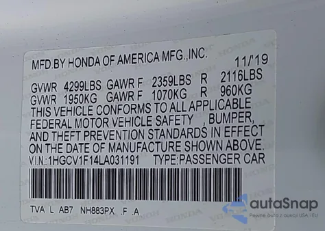 2020 Honda Accord Lx from USA, damaged, VIN 1HGCV1F14LA031191